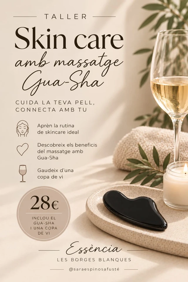 Cartell del taller de skin care i massatge amb gua sha d’obsidiana negra, amb una copa de vi, per 28 €.